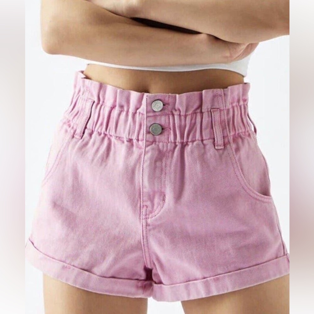 Pacsun pink denim scrunch waist button up shorts